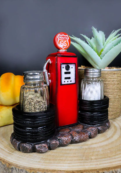 Ebros Gift Vintage Nostalgia Route 66 Highway Stop Old Fashioned Red Gas Pump Station Salt And Pepper Shaker Holder Figurine Cross Country Road Trip Lovers Kitchen Accent