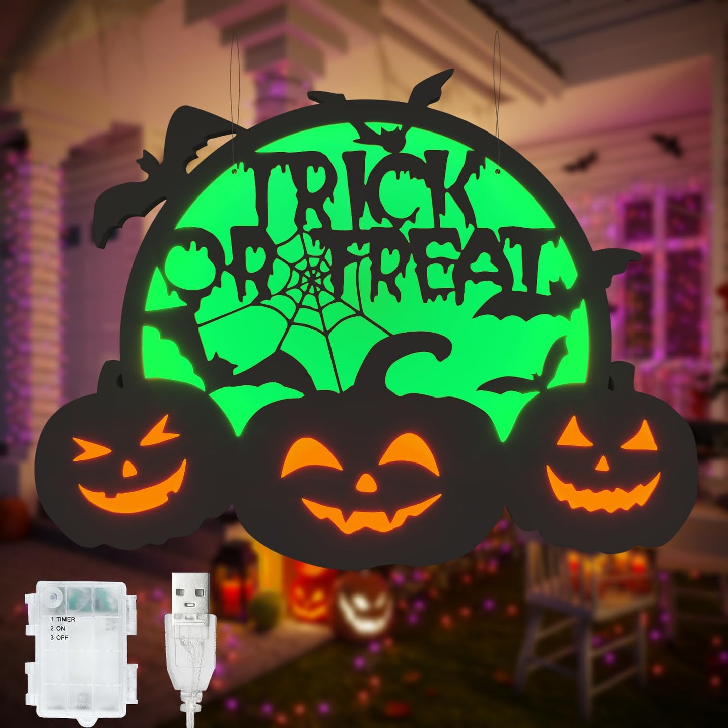 Halloween Pumpkin Lights, LED Connected Jack O Lantern With Light Up Green Moon, Bat Spider Web & Trick or Treat Wording, USB & Battery Powered With Timer, Halloween Decorations Kids Wall Window Art