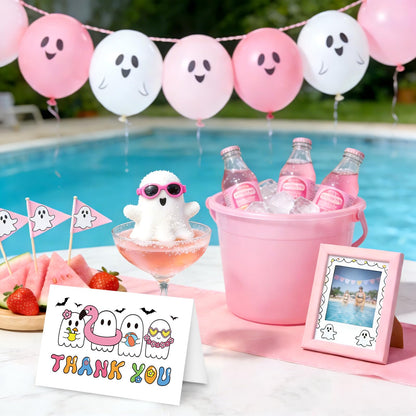 Whaline 24Pcs Summerween Thank You Cards with Envelopes Stickers Blank Greeting Cards Ghost Bat Swimming Ring Note Card for Summer Poor Party Supplies