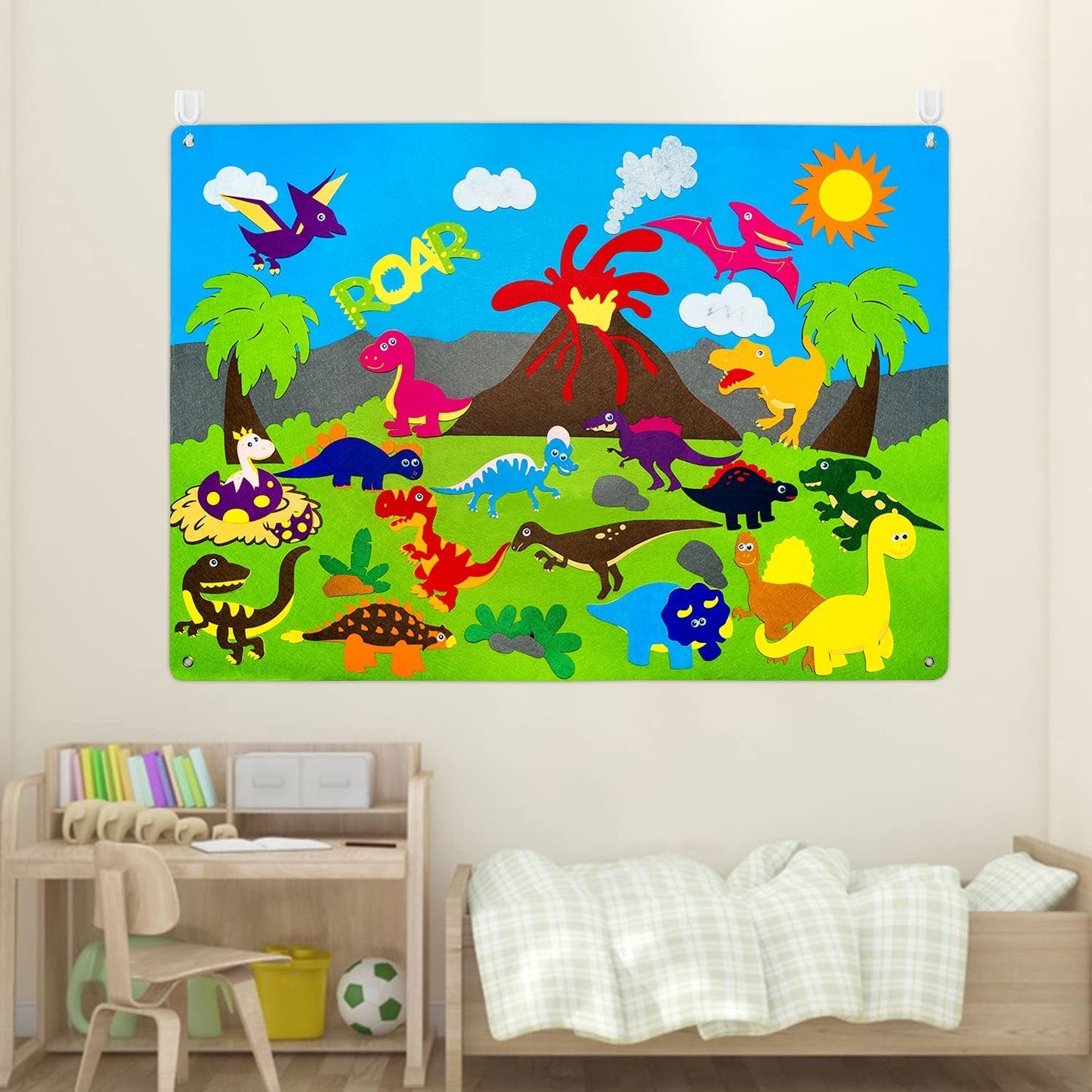 WATINC Dinosaur Felt Board Stories Set - 37Pcs 3.5Ft Dinosaur Classification Storytelling Kit, Preschool Early Learning Flannel Board with Roar Volcano Theme Wall Hanging for Classroom Homeschool