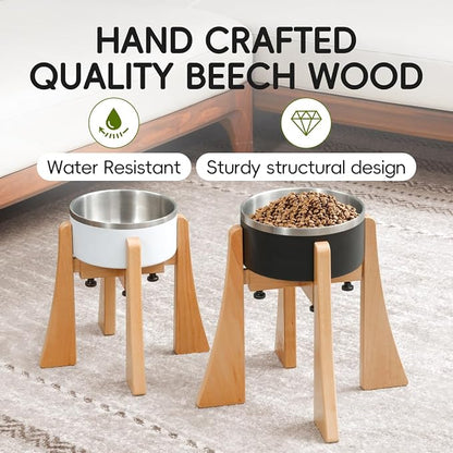 Elevated Bowl Stand Set 10-inch with Heavy Duty Beech Wood Made, Anti-Vomit Design for Medium Breed, Senior Dogs, Ergonomic Neck Protecting, Adjustable Diameter, Easy Clean Non Toxic