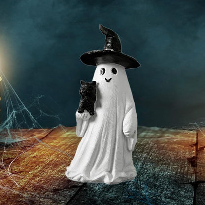 Garkria Resin Halloween Ghost Black Cat Figurine Miniature Ghost and Black Cat Statue Collectible Tabletop Ornaments for Halloween Home Party Decor - White