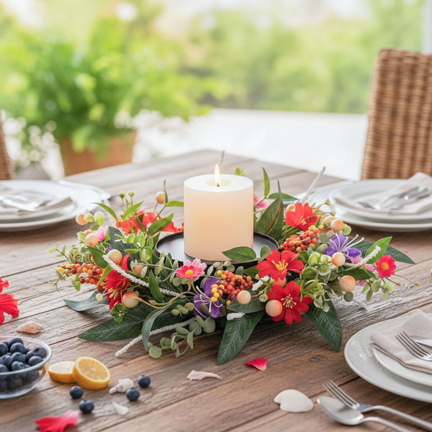 MOYEE Summer Candle Holder Centerpieces for Tables,Candle Ring, Black Metal Candlestick with an Artificial Wreath 14 in Versatile Dining Table Centrepiece (Red Flower Green Leaf Wreath)