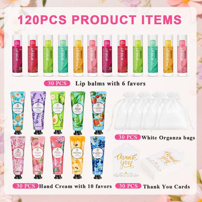 30 Sets Bulk Gifts For Women, Lip Balm Bulk and Hand Cream Gift Set with Organza Bags, Thank You Cards, Party Favors For Bridal Wedding, Baby Shower,Teacher Appreciation Gifts Bulk