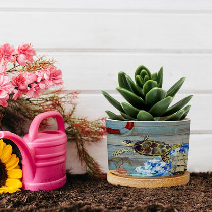DreamAutumn Planters Ceramic Ocean Theme Sea Turtle Ceramic Pots with Drainage Holes Round Flowerpot Bamboo Tray Plant Pots for Succuelnt and Little Snake Plants Pots for Nana Mommy Grandma