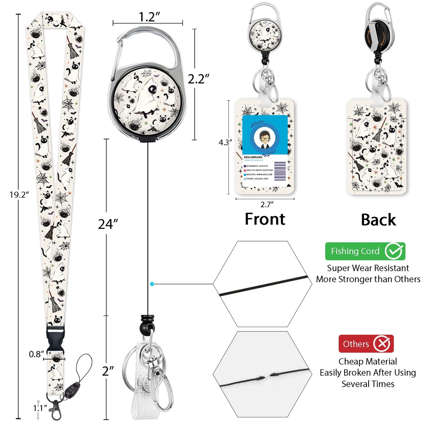 Giancomics Halloween Lanyards for Id Badges, Spooky Black Cat ID Badge Holder with Lanyard Badge Reel Retractable, Cute Bat Lanyard with ID Holder Keychain Clip Name Tag ID Card Holder Women Office