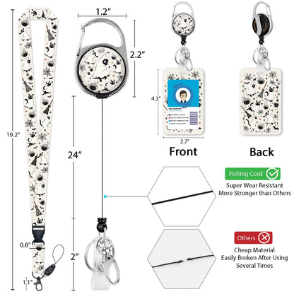Giancomics Halloween Lanyards for Id Badges, Spooky Black Cat ID Badge Holder with Lanyard Badge Reel Retractable, Cute Bat Lanyard with ID Holder Keychain Clip Name Tag ID Card Holder Women Office
