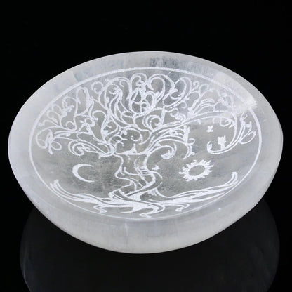 AMOYSTONE Natural Selenite Charging Bowl with Tree of Life Engraving 5.5 Inch Energy Cleansing Crystal Plate for Healing Meditation and Spiritual Home Decor