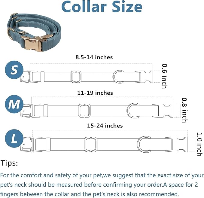 Multifunctional Reflective Leather Dog Collar and Leash Set 7FT, Easy to Clean Leather Leash Collar with Gold Metal Buckle(L, Grey Blue)