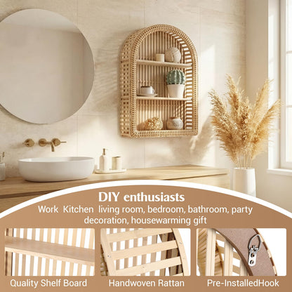 Pinkunn 20'' x 12'' 3 Tier Rattan Wall Shelf Boho Arch Hanging Shelves Arched Wall Mounted Wicker Shelf Decorative Farmhouse Handcraft Floating Storage Display Rack for Bathroom Living Room Decor