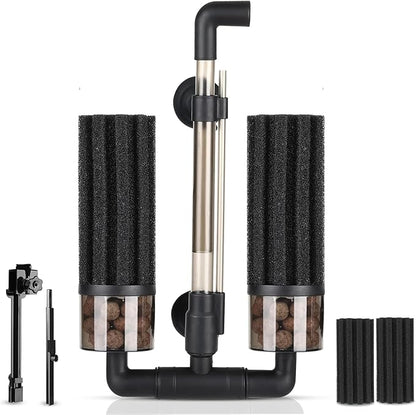 hygger Aquarium Double Sponge Filter: Upgraded Sponge Filter with Larger Filtration Area, Come with Extendable Clip, 2 Spare Biochemical Sponges, Bioceramic Balls, for Freshwater Saltwater Tank - S