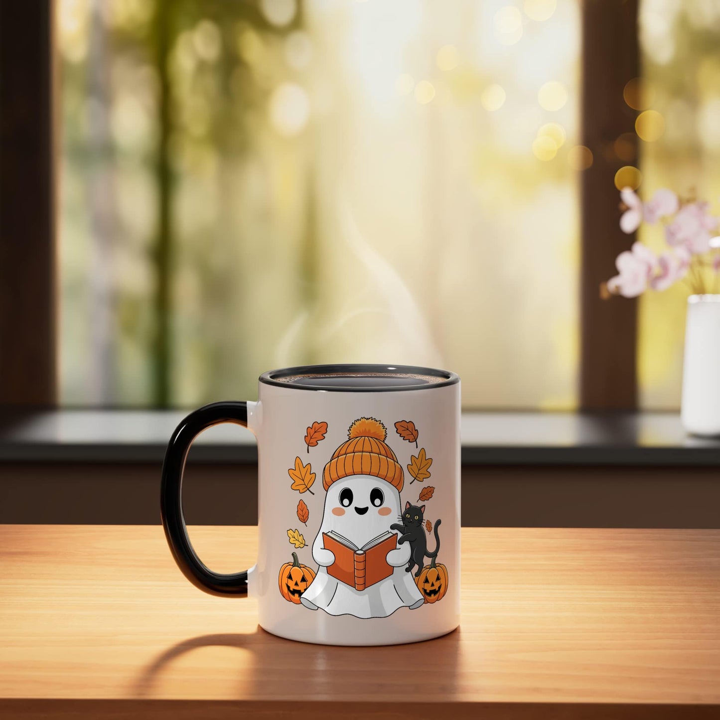 Kawaii Ghost Reading With Black Cat Halloween Ceramic Mug, Black/White