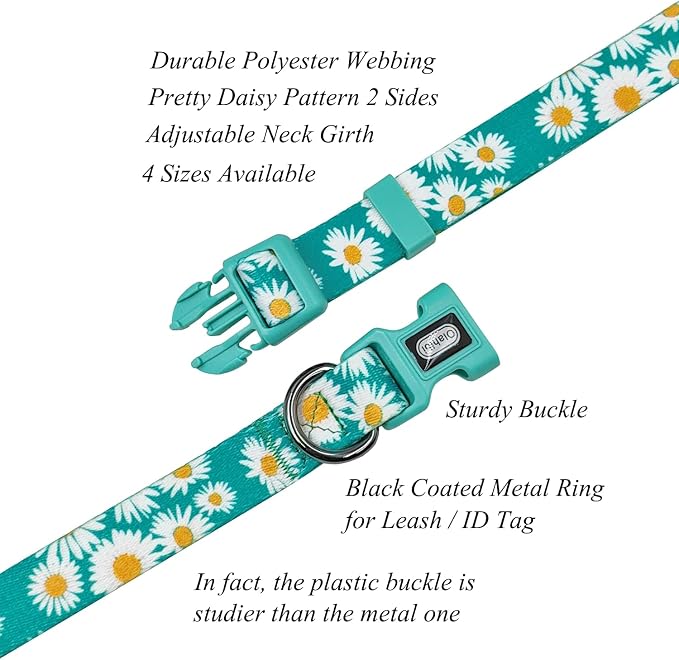 Dog Collar and Leash Set, Cute Daisy Pattern, Polyester Material, 5ft Leash, for Puppy Dogs.(Extra Small,Green Daisy)