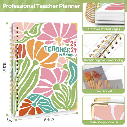 SKYDUE Teacher Planner 2026-2027 Academic Year, 8.5" x 11" Deluxe Teacher Lesson Planner with Monthly Tabs & Stickers, Lesson Plan Book 26-27, AbstractFloral