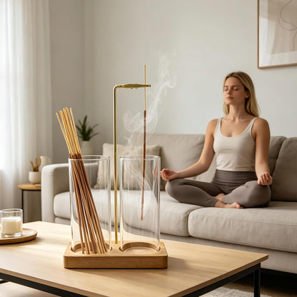 Acacia Incense Holder for Sticks, 2 in 1 Incense Burner with Glass Ash Catcher, 20 Incense Sticks and Brush, Backflow Incense Burner, Incense Burner for Meditation Yoga Spa