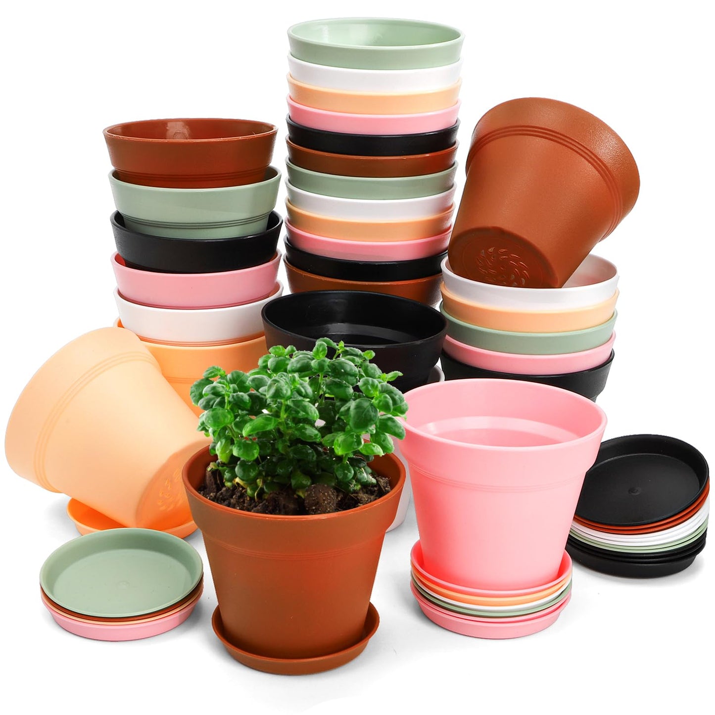 Frcctre 30 Pack 4 Inch Plastic Planter Pots, Small Flower Pots Seedlings Nursery Pots with Drainage Hole and Saucers for Indoor Outdoor Plants Flowers Herbs Succulents, 6 Colors