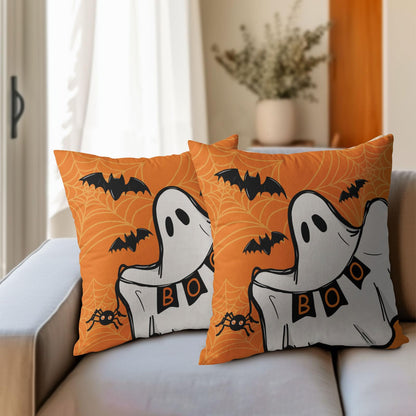 Halloween Ghost Boo Orange Throw Pillow Covers 18X18 Inches Set of 2 Spooky Bat Spider Web Pillowcase Soft Cotton Linen Square Cushion Covers for Home Sofa Bedroom