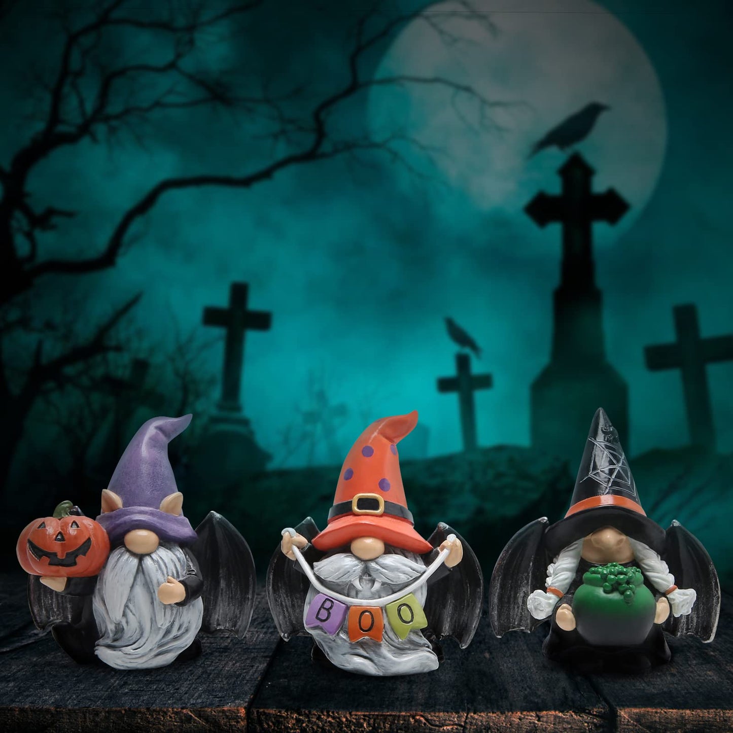 Hodao 3pcs Halloween Gnomes Decorations Handmade Scandinavian Gnome Figurines with Black Wing Boo Halloween Gnomes Figurines Decor Pumpkin Office Table Decorations Gifts