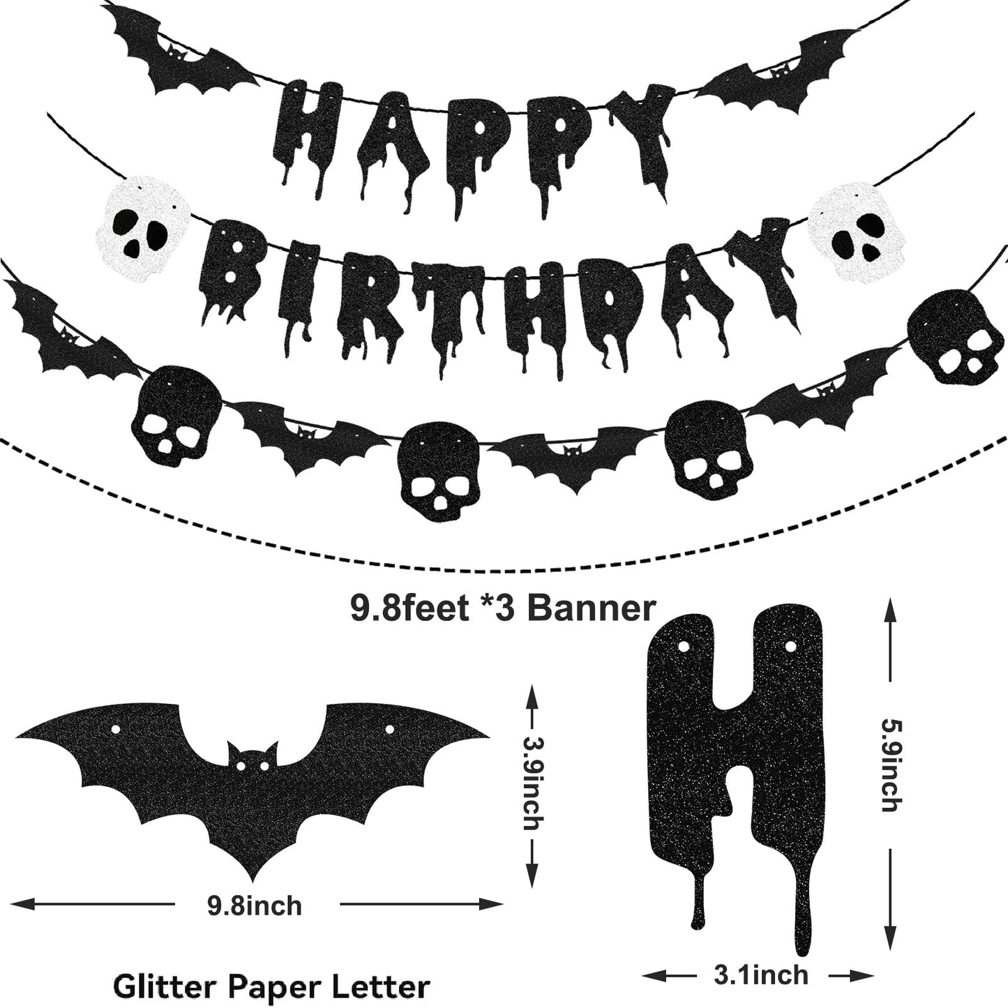 Black Glittery Happy Birthday Halloween Banner Bats Skull 3D Bat Sticker for Horror Birthday Party Decorations Scary Party Decor