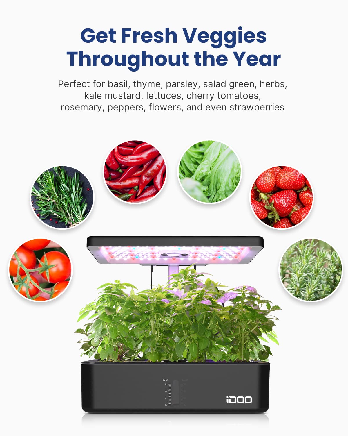iDOO for Dad, Hydroponics Growing System Kit 12Pods, Indoor Herb Garden, with LED Grow Light, Built-in Fan, Auto-Timer, Adjustable Height Up to 11.3", for Home School Office