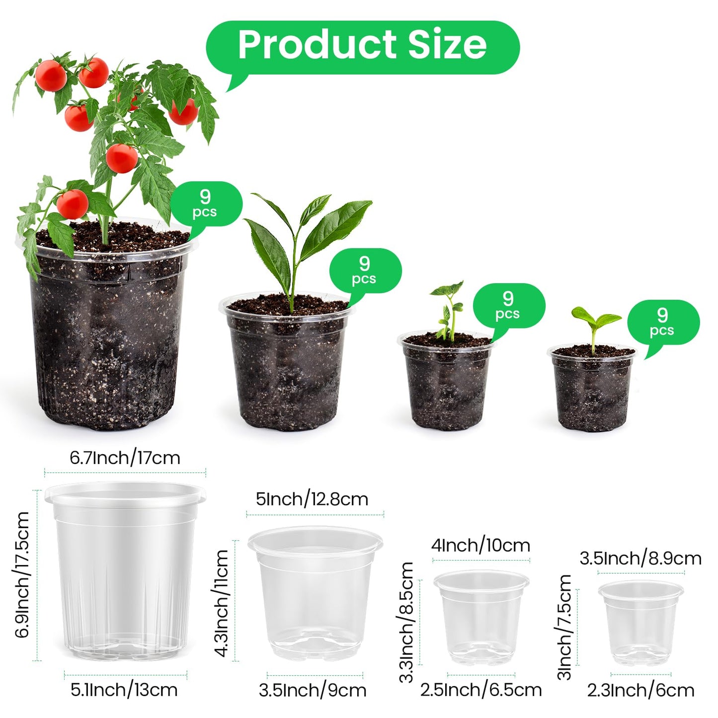Bluepro 36 Packs 7/5/4/3.5 Inch Reinforced Clear Nursery Pots with Drainage Hole, Transparent Variety Pack Plastic Plant Pot Seedling Planter for Vegetable Propagation, Root Cutting, Seed Starting