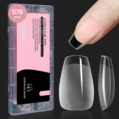 Beetles Gel Nail Kit Short Almond with Nail Dehydrator and Primer, 576Pcs Half Matte Etch-X Gel Nail Tips Solid Nail Glue Mini Nail Lamp Acrylic Nail Tips Easy DIY Nail Extension Set Gift for Women