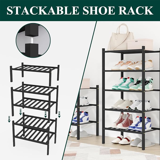 Smiry Small Bamboo Shoe Rack, 5 Tier Free Standing Wooden Shoe Organizer, Stackable Wood Shoe Storage Shelf for Closet, Entryway, 12 Vertical Slats, 2+2+1 Stack Standard Legs, 17.3"x11"x32.5", Black