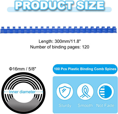 PATIKIL 16mm (5/8") Plastic Binding Combs, 100 Pcs 21 Rings Comb Binding Spines 120 Sheet Capacity Letter Size for Binding Paper Sheets Notebook Calendar Picture Album, Blue