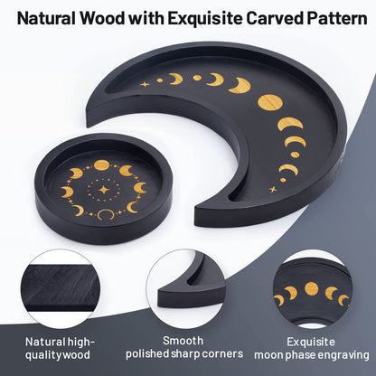 Mooncraftlogy Crescent Moon Tray Crystal Holder Set, Black Wooden Display for Stones Storage, Wicca Lunar Phases Organizer for Essential Oil Rocks, Altar Table Home