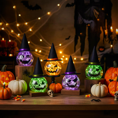 LemonRoad 6 Pack Halloween LED Jack O Lantern Table Decor with Witch Hat Plastic Lighted Pumpkin Jars Mantel Tiered Tray Table Centerpieces for Indoor Outdoor(Orange, Green, Purple)