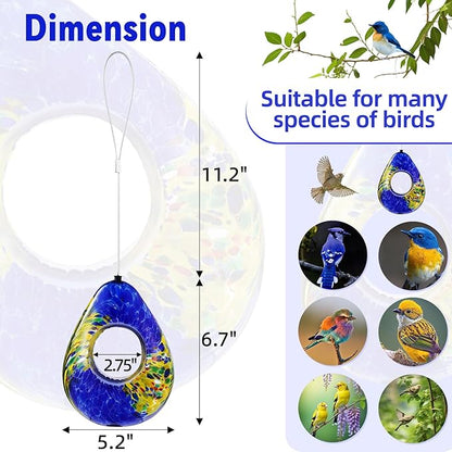 VOREEN Glass Bird Feeder, Handcrafted Hanging Fly-Through Feeder for Outdoor Garden & Backyard, Decorative Wild Bird Feeder with Steel Wire Cable,Blue