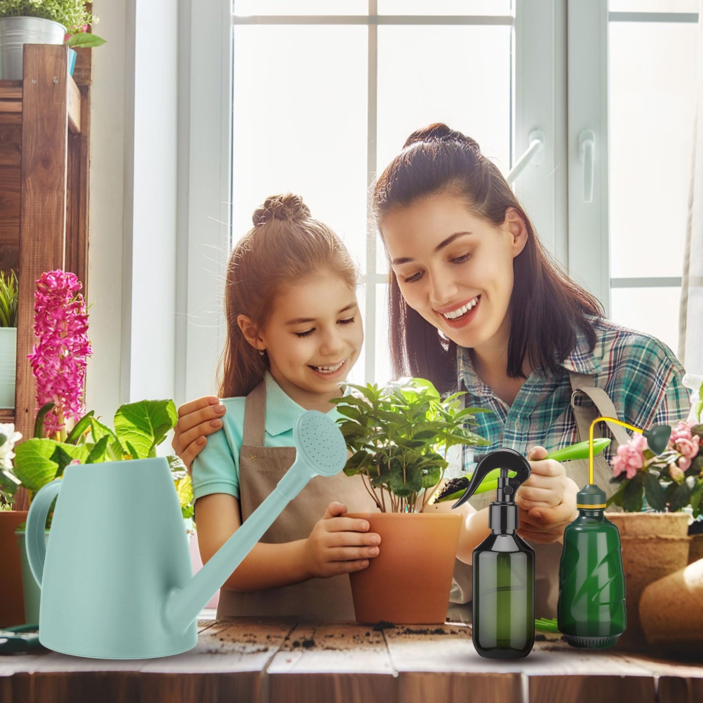 Reallnaive 1/2 Gallon Long Spout Watering Can Set for Indoor & Outdoor Plants – Includes Spray Bottle, Squeeze Bottle, Watering Globes & Soil Moisture Meter for Garden & House Plants(Mint Green)
