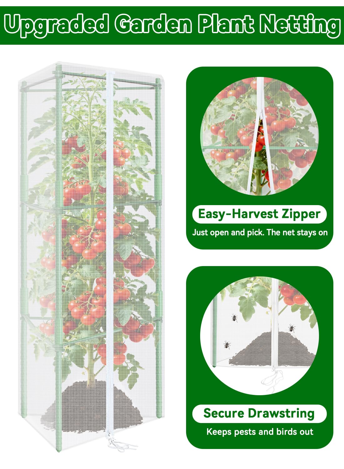 ZeeDix Tomato Cages with Bird Netting Set - 4 Pack 57 Inches Heavy Duty Tomato Cages + 4 Pack 61 Inches Garden Mesh Barrier for Tomatoes Climbing Vegetables Flowers