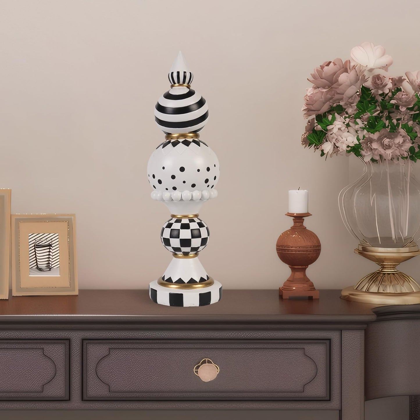Bechivie Black and White Checkered Decor, 15 Inch Large Resin Halloween Christmas Modern Sculpture, Holiday Indoor Table Centerpiece Mantel Office Desk Shelf Season Decorations for Home