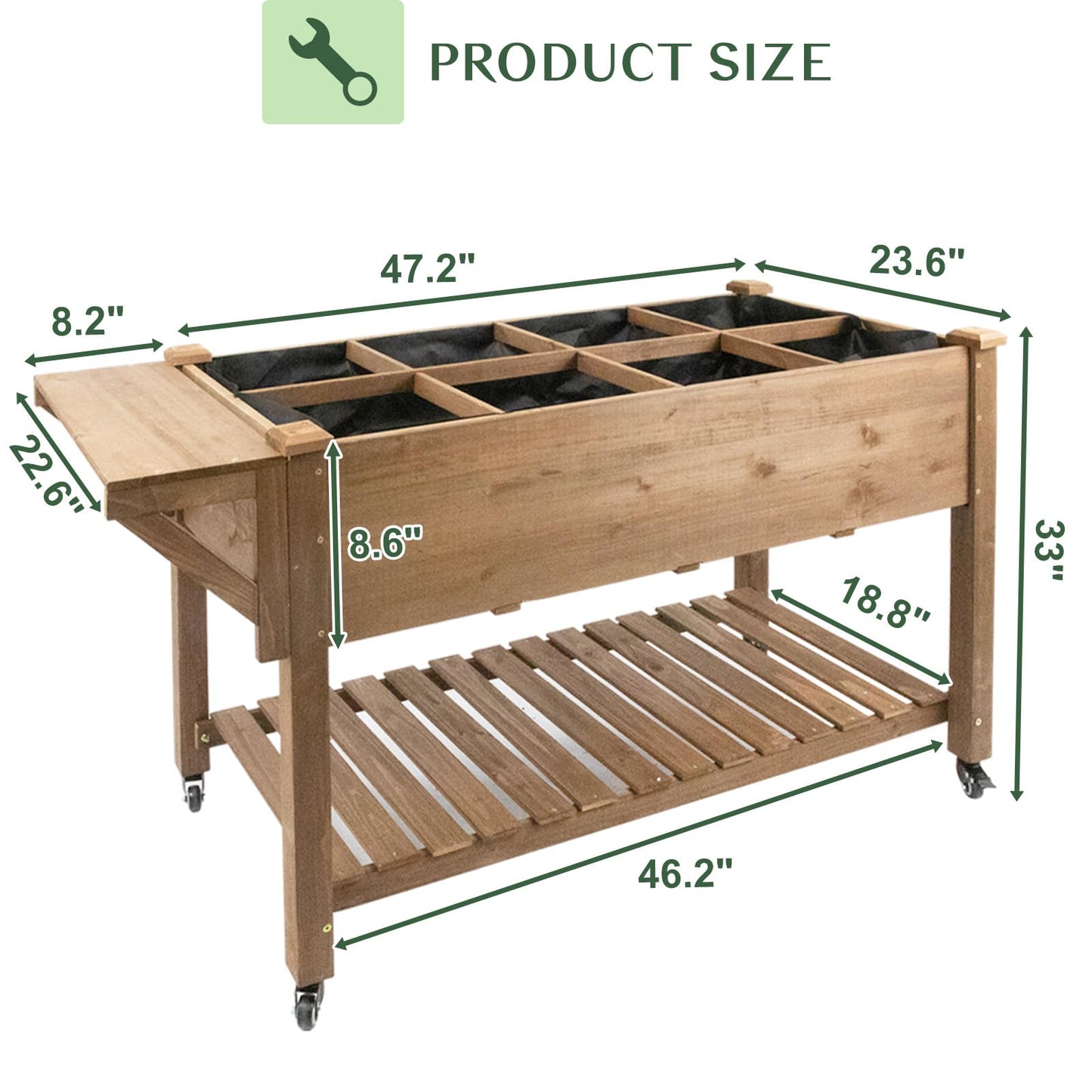 Raised Garden Bed Outdoor with Lockable Wheels, 55"x 24" x 33" Elevated Wood Planter Box for Backyard Balcony Patio , Garden Flower Beds with Drainage Holes & Storage Shelf, Gift for Gardening, Brown