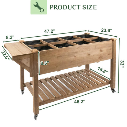 Raised Garden Bed Outdoor with Lockable Wheels, 55"x 24" x 33" Elevated Wood Planter Box for Backyard Balcony Patio , Garden Flower Beds with Drainage Holes & Storage Shelf, Gift for Gardening, Brown