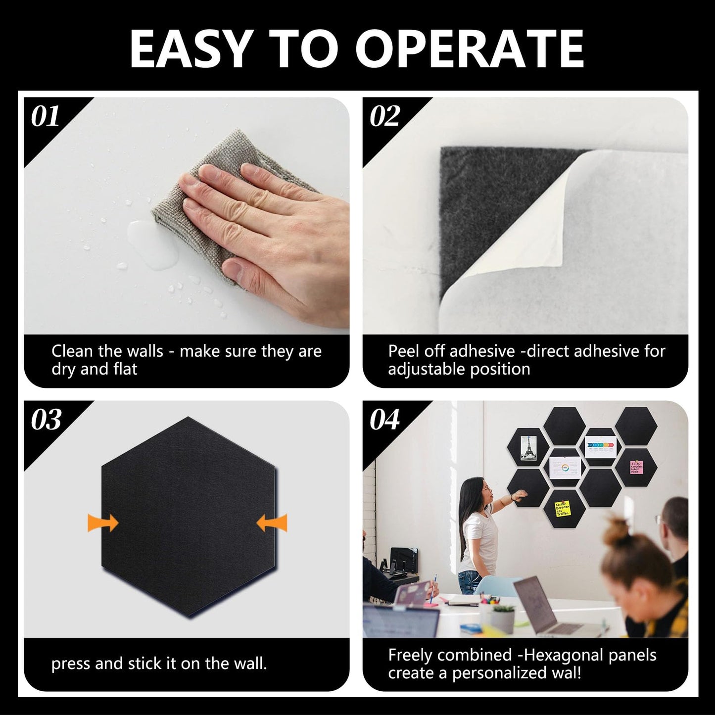 8 Packs Light Grey Hexagon Felt Pin Board, 12" Bulletin Board with 30 Push Pins, Felt Board for Home Kitchen Office Decor, Self-Adhesive Corkboard Tiles for Walls Message Photos Memos Display