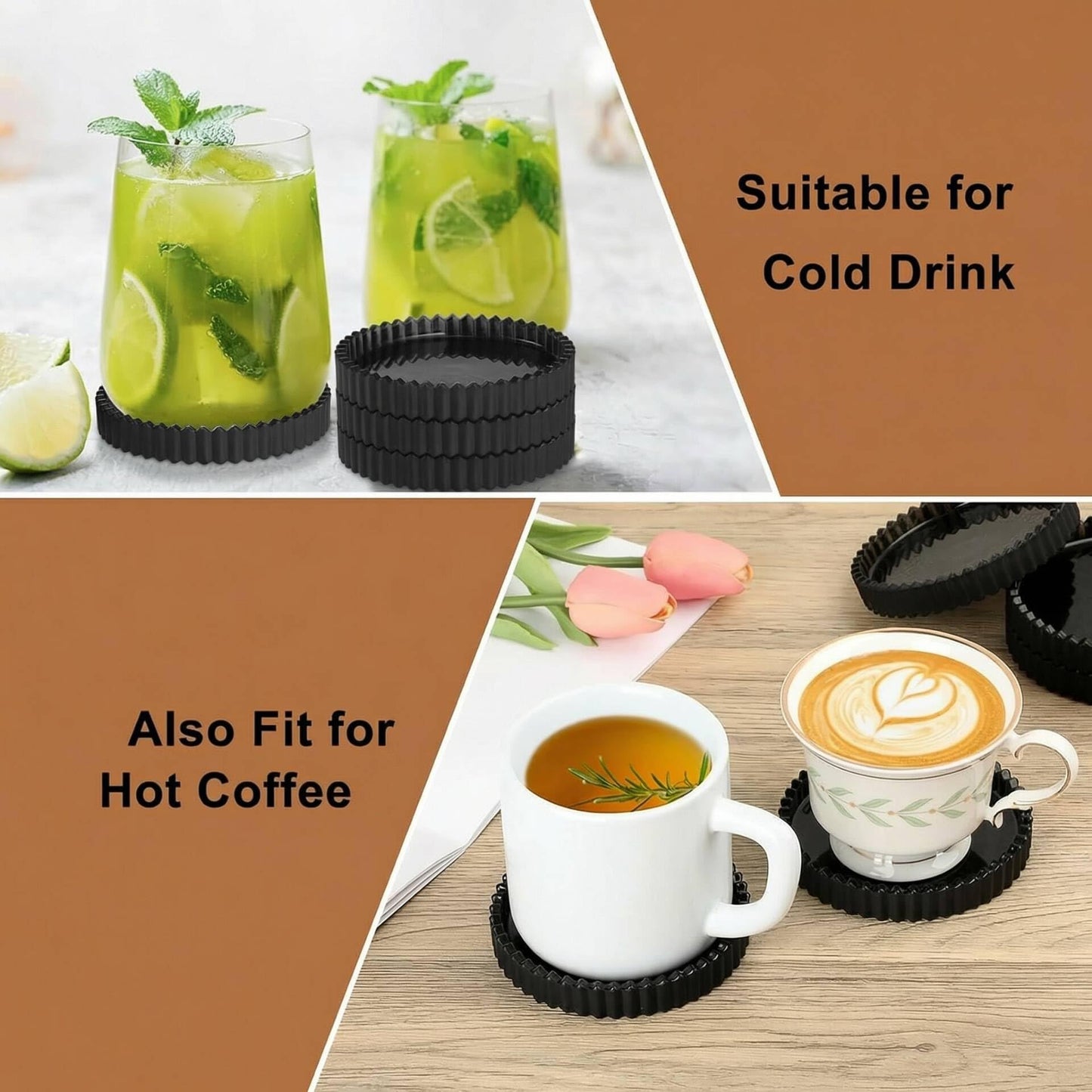 OGANAZI Glass Black Coaster Set of 5- Coasters for Glass Table Black Coasters Modern Round Cup Mats Coffee Table Decor for Kitchen, Bar, Dining Room, Living Room, Office
