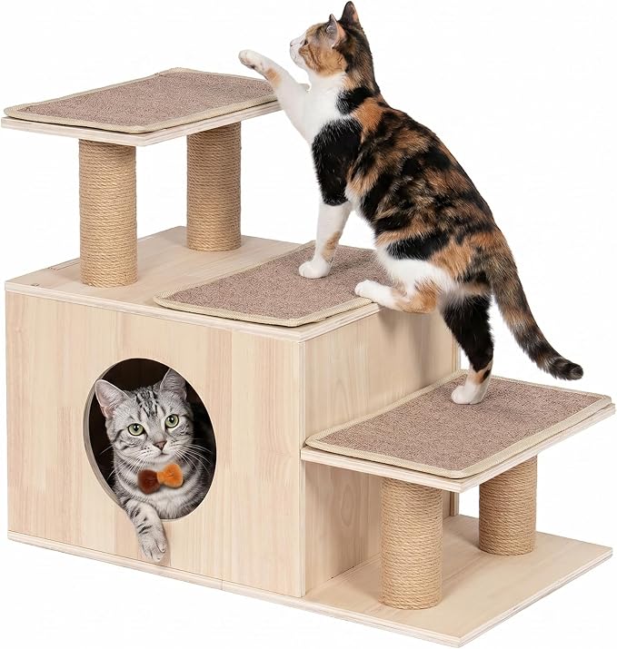 3-in-1 Pet Stairs for Cats, 7.87" Depth Pet Steps for Cat, Wood Cat Stairs for High Bed and Sofa, 1 Condo Cave, Scratching Post, Sturdy Indoor Pet Stairs with Non-Slip Carpet Pads