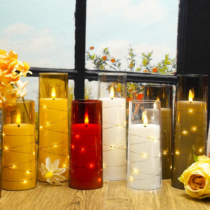 Nimiko Flickering Flameless LED Candles,Battery Operated Candles 9 Pcs with Embedded Star String,Acrylic LED Pillar Candles with Remote,Suitable for Home Decoration to Create an Atmosphere（Red）