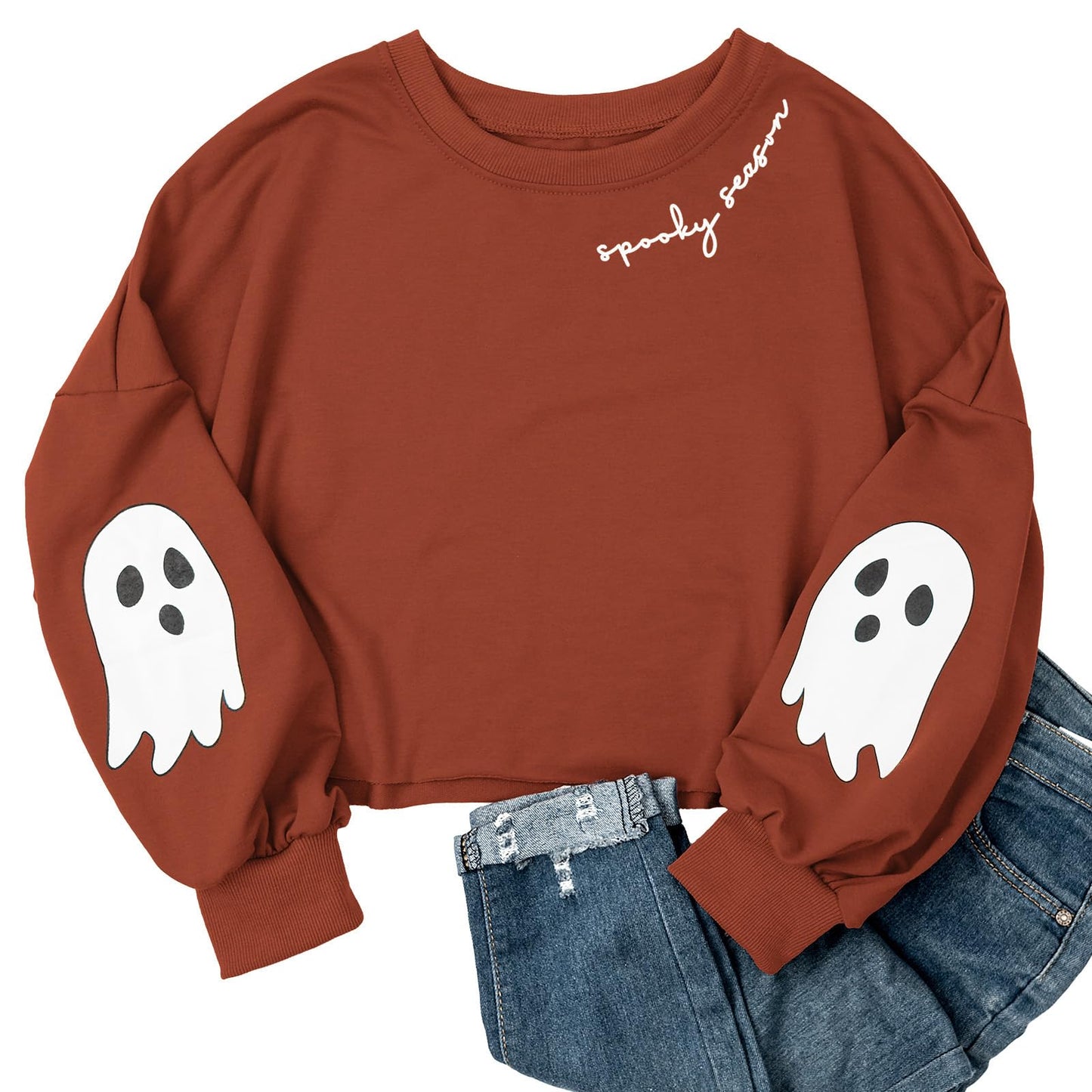 Jliqt Women's Funny Ghost Graphic Crop Sweatshirt Halloween Lantern Long Sleeve Pullover Fall Family Matching Tops(M,Brown 6)