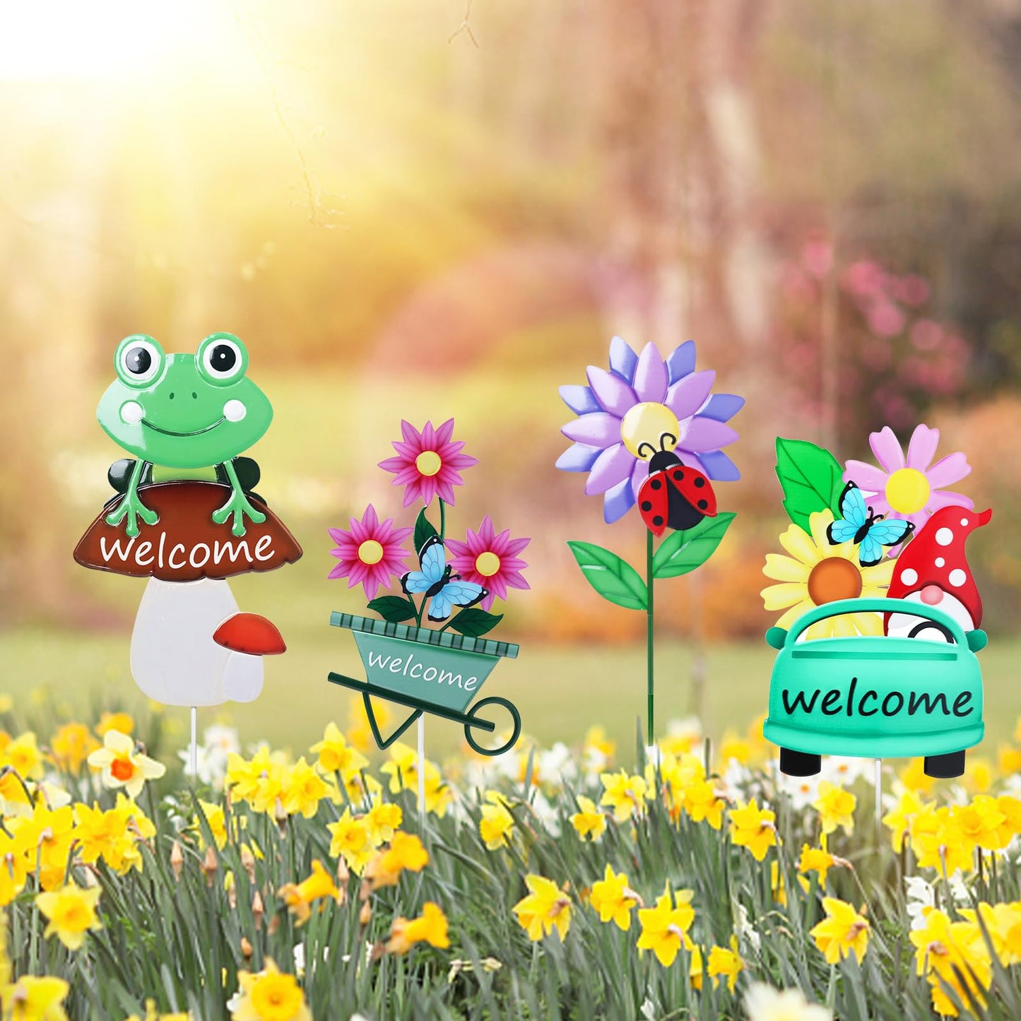 Welcome Decorative Garden Stakes, 4Pcs Flower Metal Yard Signs with Frog, Mushroom, Gnome, Butterfly and Ladybug, Garden Stakes for Spring Decor,Outdoor Lawn Yard Art Gift for Mom