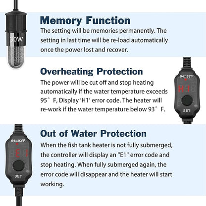 YOFOTHS Adjustable Mini Aquarium Heater 0.5/1/2/3 Gallon Submersible Small Fish Tank Heater 10W/20W/30W Digital Display Thermostat External Temperature Controller(30W)