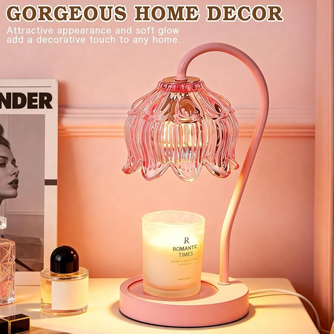 Funistree Flower Candle Warmer Lamp with Timer, Dimmable Candle Lamp Warmer, Christmas Birthday Gifts for Women Mom Her, Housewarming Home Decor, Lotus Wax Warmer for Yankee Candles - Full Pink