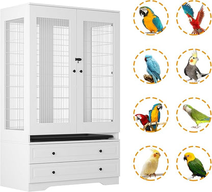 Large Bird Parakeet Parrot Cockatiel Cage, Tall Big Bird Flight Cages with 2 Drawers, a Removable Tray, Metal Grid Doors and a Robust Lock for Finch, Conure, Budgie, Macaw, Canary, White