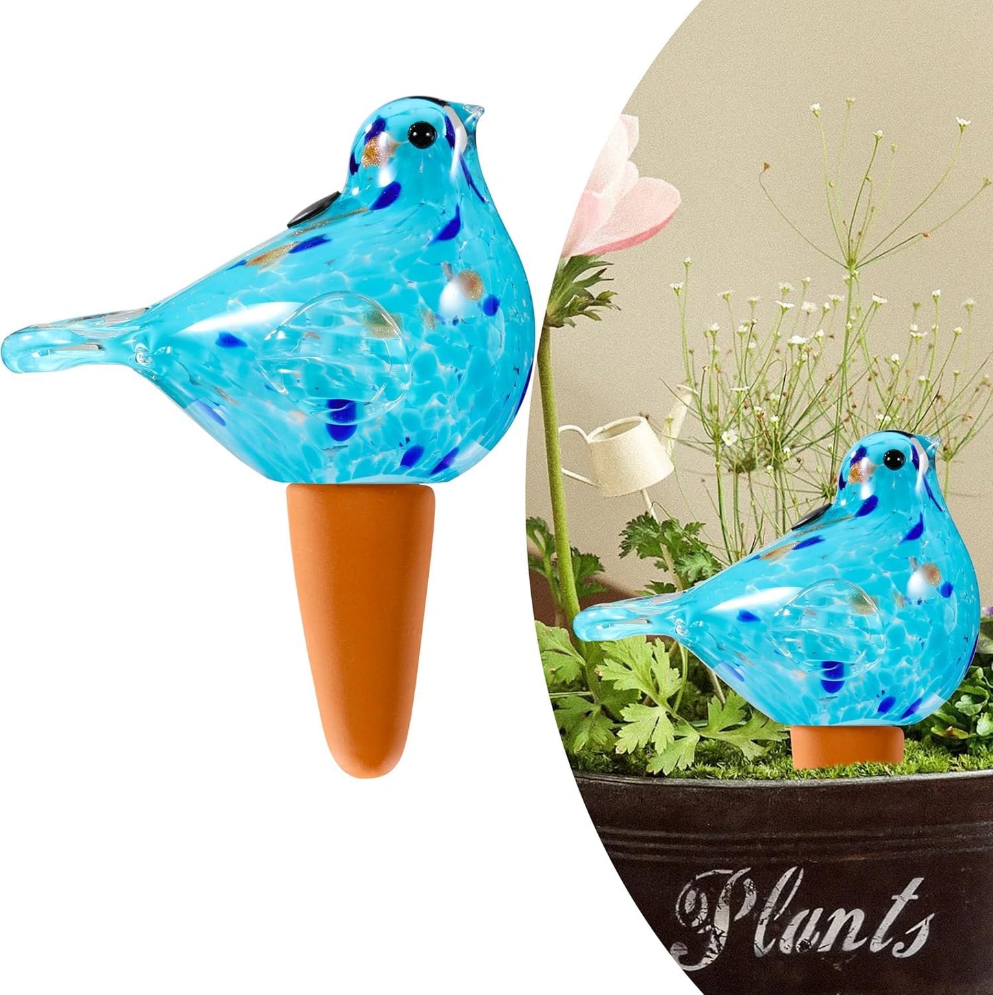 Plant Watering Globes, Bird Glass Self Watering Planter Insert - For Indoor & Outdoor Plants - Glass Plant Water Globes For Daily Use, Planter Spikes To Support Indoor & Outdoor Plant Health, Sky Bule