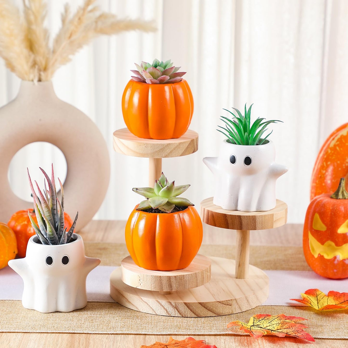 Newtay 4 Pack Halloween Pumpkin Ghost Planter 3 Inch Halloween Succulent Pots Bucket Vase Gifts Resin Small Flower Pots for Home Office Party, Plants Not Included