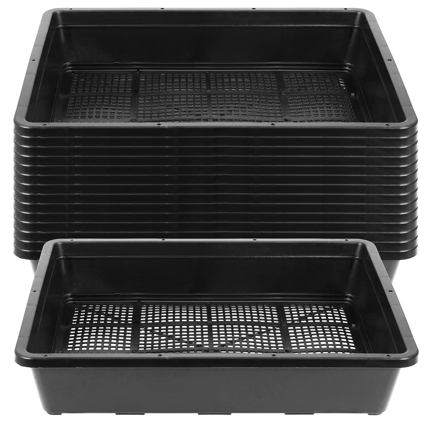 SINJEUN 15 Pack Mesh Bottom Seed Starter Trays, 15 x12 Inch Plastic Plant Tray Mesh Plant Germination Trays for Microgreens, Black