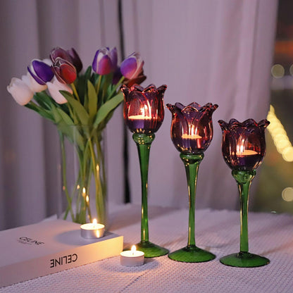 VOHO Purple Tulip Tealight Candle Holder Set of 3, Glass, Purple, Floral, Holidays, Wedding, Romance, Easter, Halloween, Thanksgiving, Christmas, Anniversary & Engagement, Tabletop, 3.15'' x 10.83''