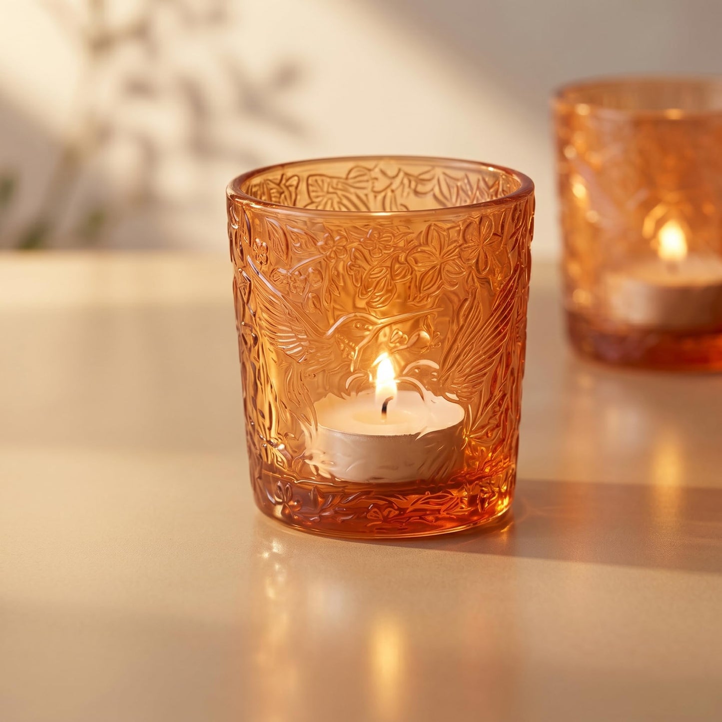 6 Pack Hummingbird Embossed Glass Candle Holders Votive Tealight Holders with Patent Design, Decorative Glass Cups for Wedding Centerpieces, Parties, and Home Decor (Pumpkin Spice)